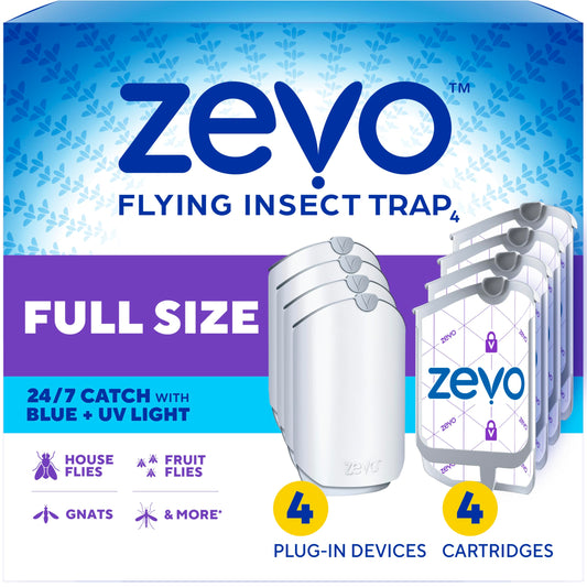 Zevo 4 Flying Insect Traps & 4 Cartridges - Plug In Fly Trap & Indoor Bug Catcher for Gnats, House & Fruit Flies - Mess-Free - Use in Any Room - Uses Blue & UV Light (4 Plug In Devices & 4 Cartridges)