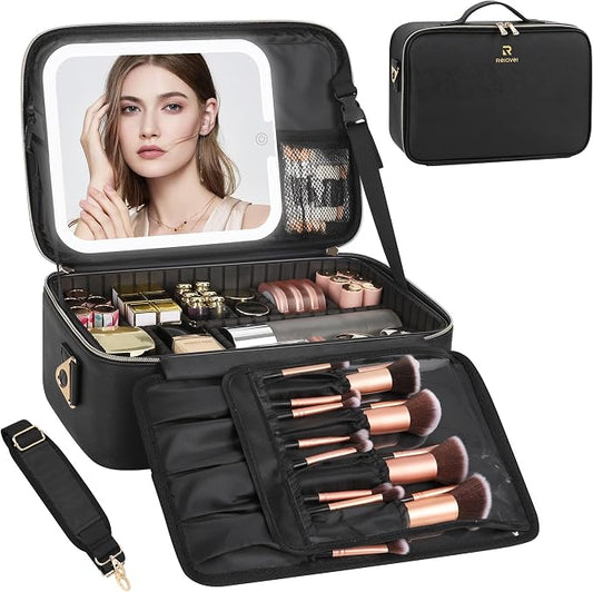 Chomeiu Makeup Bag with LED Mirror, Large Travel Cosmetic Train Case for Women, Makeup Artists Large Organizer Box with Vanity Light Up Mirror, 3 Color Lights, Adjustable Dividers (Black)