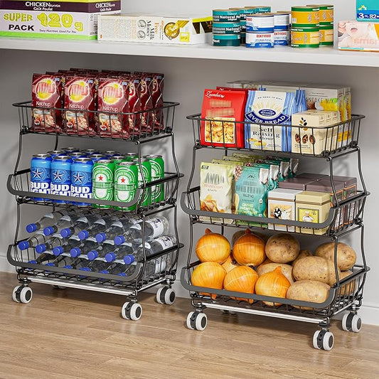 3 Tire Rolling Pantry Organizers and Storage Cart on Wheels | Metal Frame, Under Pantry Cabinet, Drip Tray, Storage for Snack, Potato, Onion, Produce, Can, Drink, Fruit and Vegetable