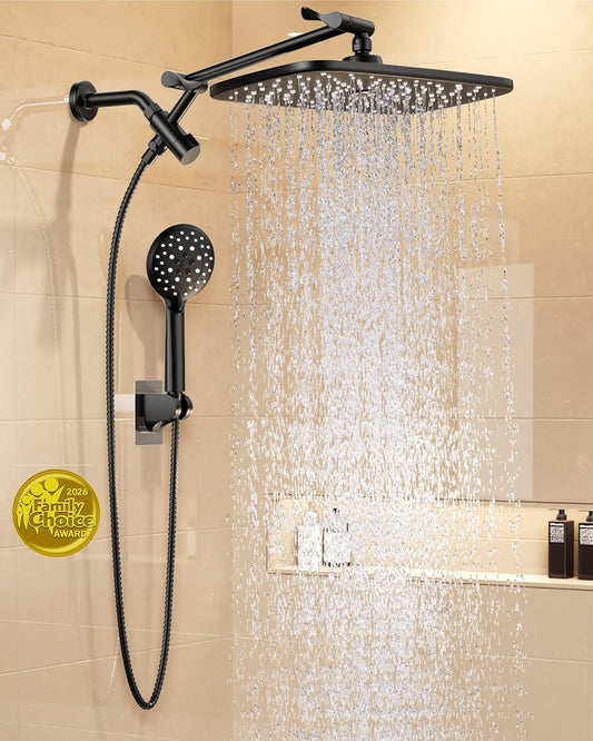 Veken Rain Shower Head - High Pressure Handheld Shower with Multi Spray Modes | 11.8" Matte Black
