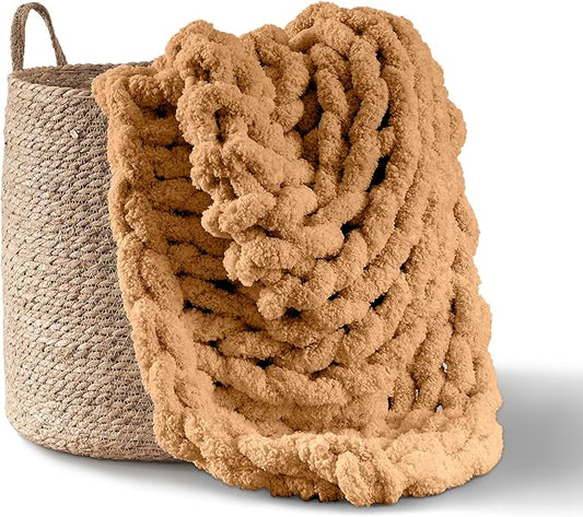 Adyrescia Chunky Knit Blanket Throw | 100% Hand Knit with Jumbo Chenille Yarn (50"x60", Caramel Brown)