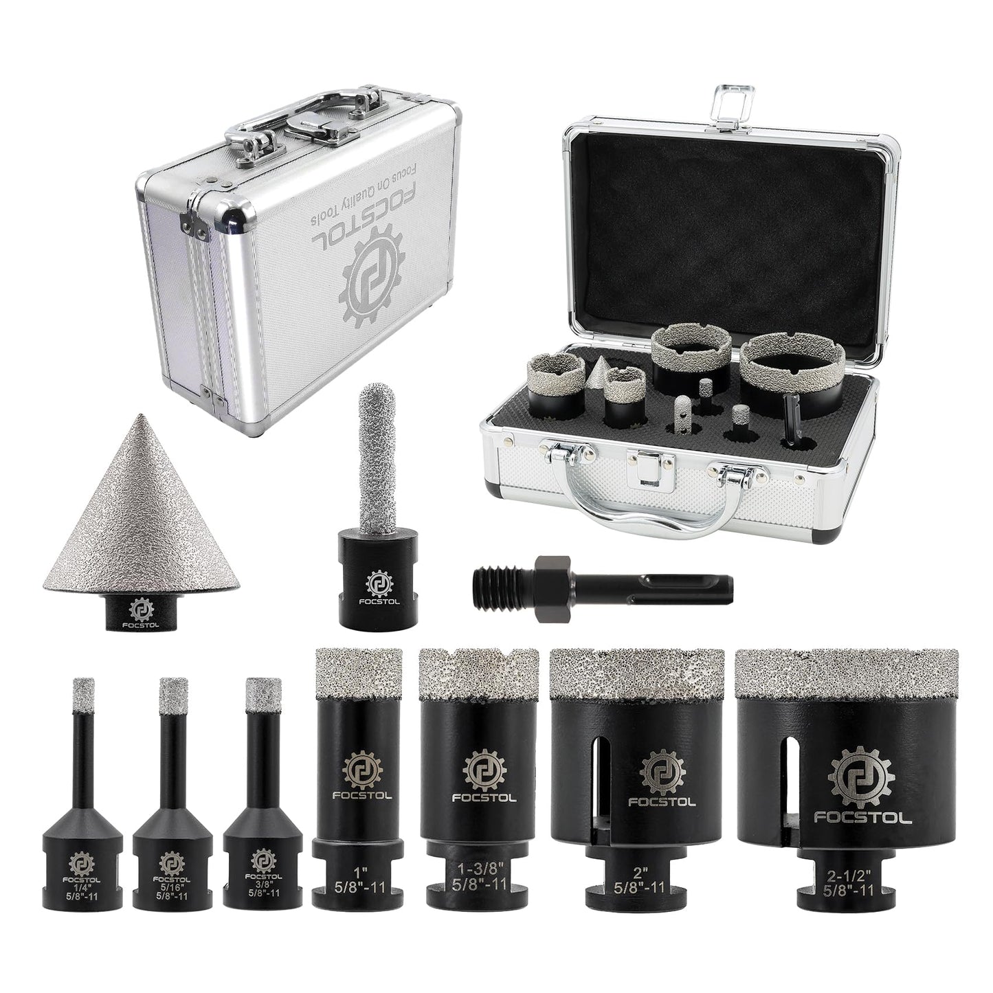 Diamond Core Drill Bit Set - FOCSTOL 10pcs (6/8/10/25/35/51/65mm+10mm Finger Bit+50mm Beveling Chamfer Bit+SDS Adapter) Diamond Hole Saw Kit for Porcelain Ceramic Tile Marble Granite