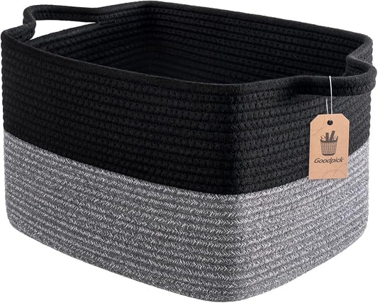 Goodpick Woven Storage Baskets for Organizing, Cotton Rope Organizer for Living Room, Closet Storage Bins for Toys Books, Rectangle Laundry Basket with Handles, 13"x10"x9", Black & Gray