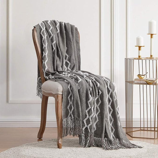 BOURINA Fluffy Chenille Knitted Fringe Throw Blanket Lightweight Soft Cozy for Bed Sofa Chair Throw Blankets Grey 60" x 80"