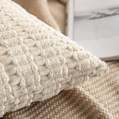 MIULEE Corduroy Decorative Throw Pillow Covers - Soft Boho Striped Design | 12x12 Inch Cream White for Modern Farmhouse Decor