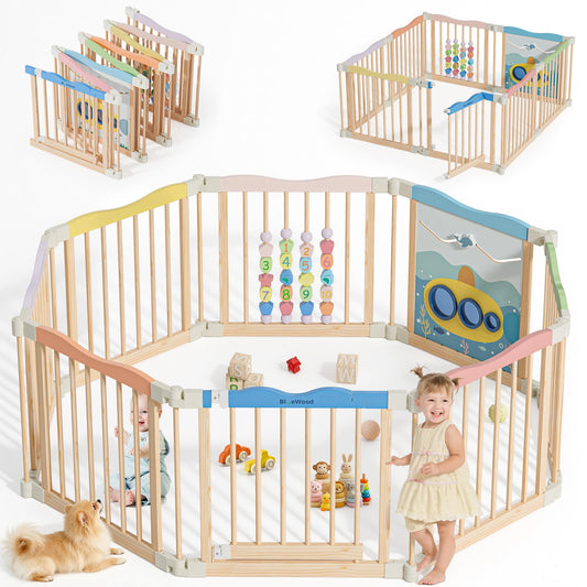 Foldable Wooden Playpen - Adjustable Wood Baby Play Yard with Child-Proof Lock, Indoor Large Safety Fence for Babies and Toddlers - Easy Assembly, 55 x 55 x 24 inches, Ocean Adventure, Colorful