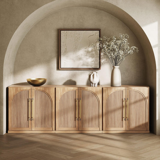 BELLEZE Set of 3 Modular Sideboard with Double-Arc Wood Doors, 97'' Arched Buffet Cabinet with Storage and Adjustable Shelves, Classic Modern Credenza for Dining Room Living Room Entryway (Camel)