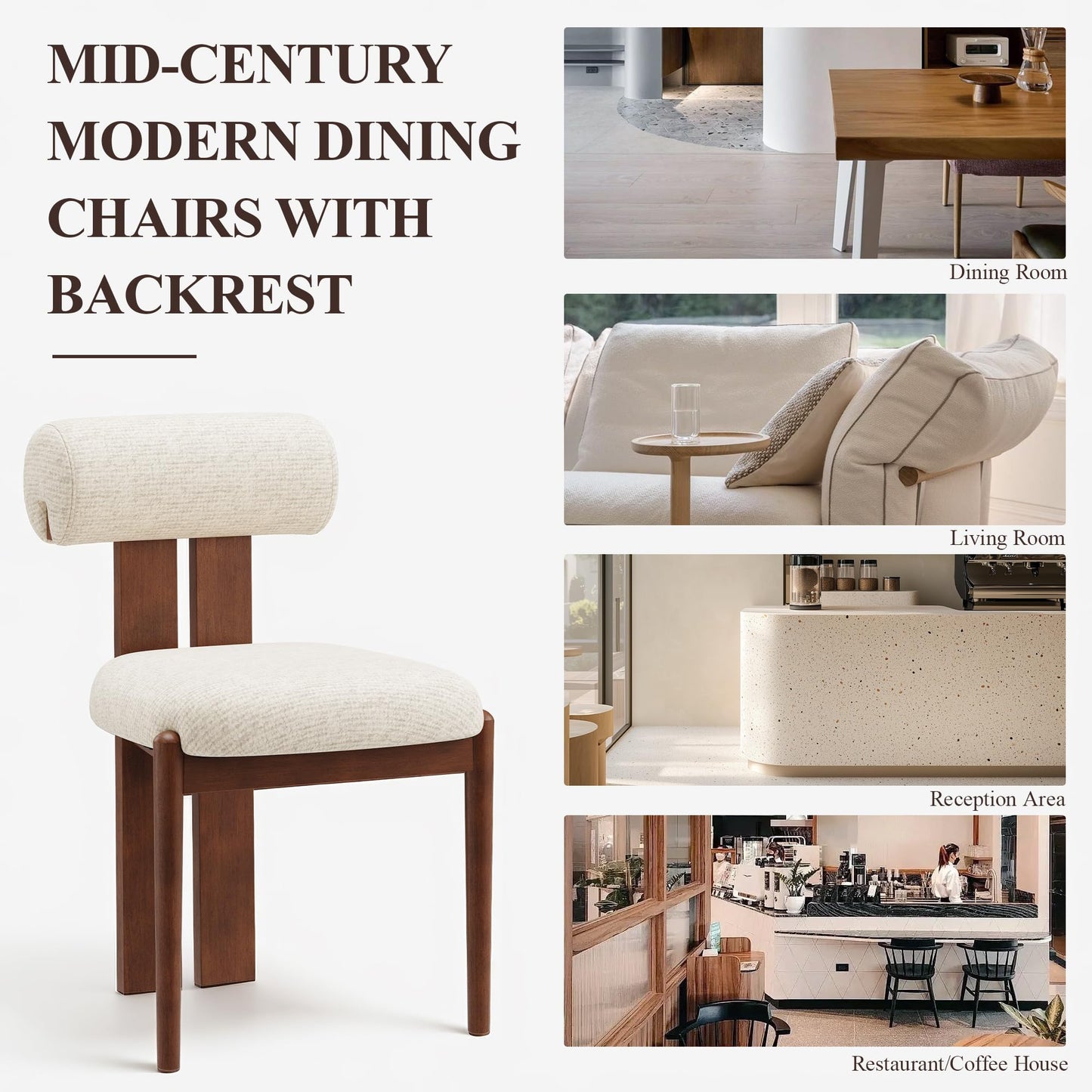 MALOL Modern Wooden Dining Chairs Set of 4, Upholstered Fabric Kitchen Chairs with Sculptural Backrest, Mid-Century Farmhouse Dining Room Chairs with Solid Wood Legs, Beige