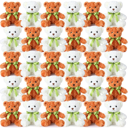Hungdao 36 Pcs Plush Bears Bulk 10 Inch Bears with Bow Cute White and Light Brown Stuffed Animals Small Soft Plush Toys Gifts for Birthday Graduation Wedding Baby Shower Party Favors