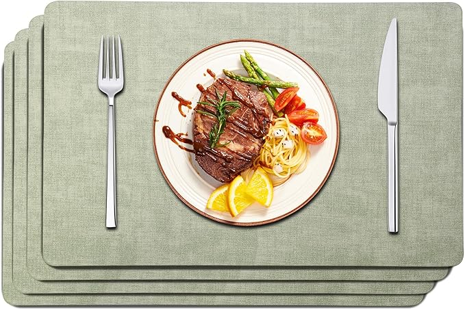 Maxpearl Faux Leather Placemats Set of 4, Waterproof - Wipe Clean - Heat Resistant - Anti Slip Dining Table Place Mats, Suitable for Indoor & Outdoor Use, 17ââÃ12ââ, Sage Green