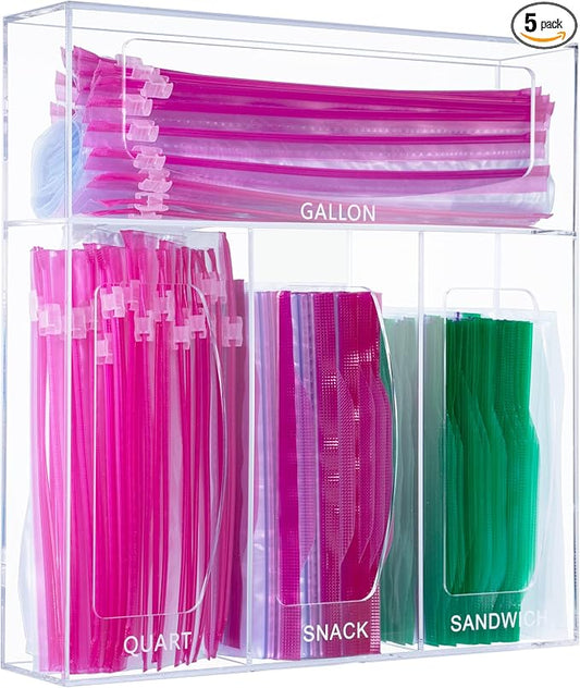 Acrylic Bag Storage Organizer for Kitchen Drawer, Food Storage Bag Organizer Holder Compatible with Ziplock, Glad, Hefty, Gallon, Quart, Sandwich & Snack Variety Size Bag (Clear)