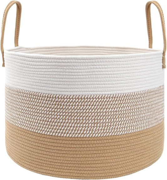 JMvicyroam 65L Extra Large Blanket Basket for Living Room - Woven Cotton Rope Laundry Hamper with Reinforced Handles - Storage Bin for Pillows, Comforters & Toys - Machine Washable,White&Jute Mix