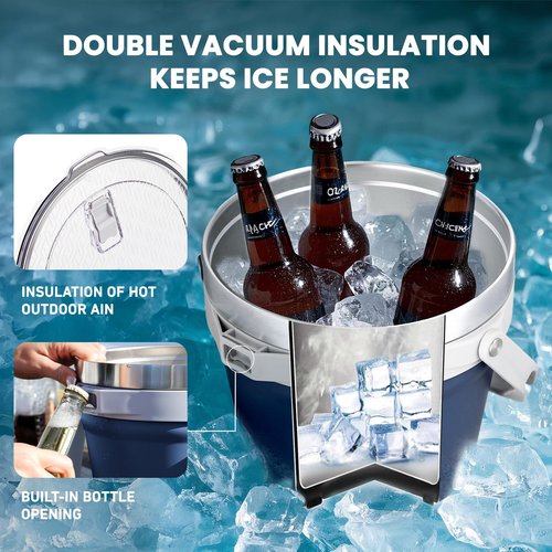 COKTIK 7L Insulated Ice Bucket with Lid，Double Wall Vacuum Stainless Steel Beverage Bucket Keeps Frozen Longer，Holds 6 Longnecks or 3 Bottles of Wine，for Cocktail, Champagne, (Navy,1 Pack)