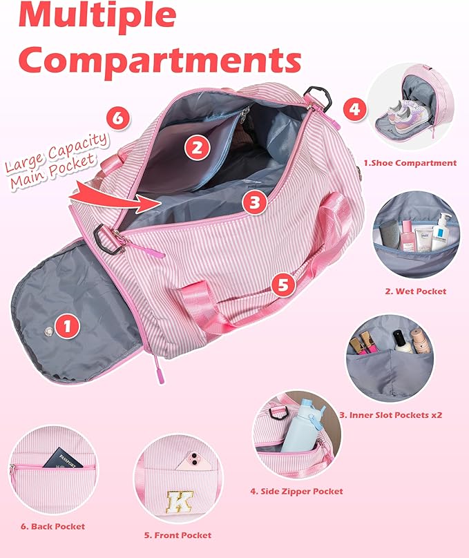 Teen Girls Gifts Trendy Stuff, Girl Gym Bag, Kids Initial Overnight Duffel Bags with Shoe Compartment, Personalized Travel Bag with Makeup Pouch, Pink Gift for Niece (Letter C)