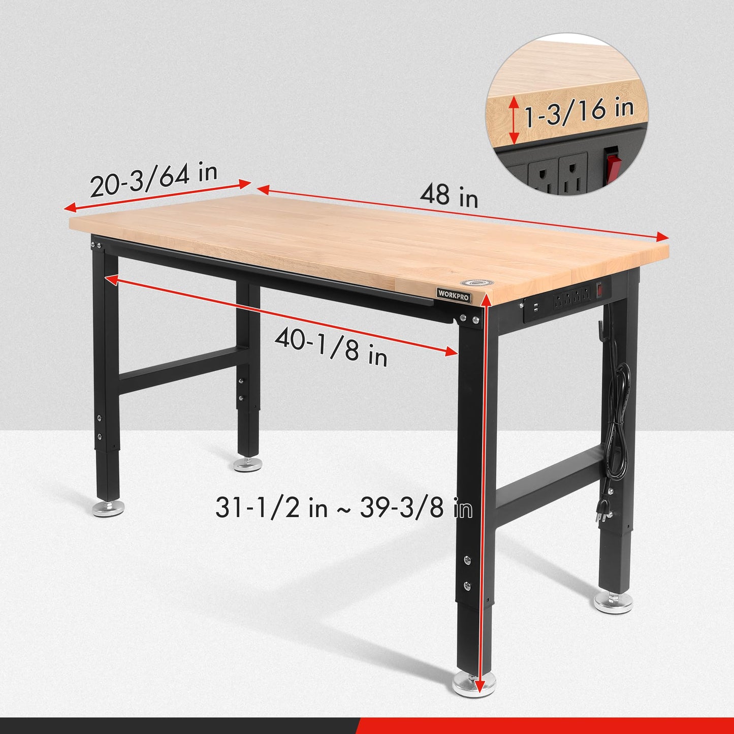 WORKPRO 48" Adjustable Workbench, Rubber Wood Top Heavy-Duty Workstation, 2000 LBS Load Capacity Hardwood Worktable with Power Outlets, for Workshop, Garage