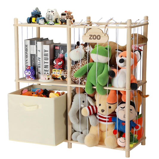 LAMU Stuffed Animal Storage and Kids Bookshelf, Wooden Toy Organizer with Large Toy Box Chest, Kids Bin Shelf Toys Box Bookcase, Stuffed Animal Zoo Holder for Bedroom Playroom Nursery