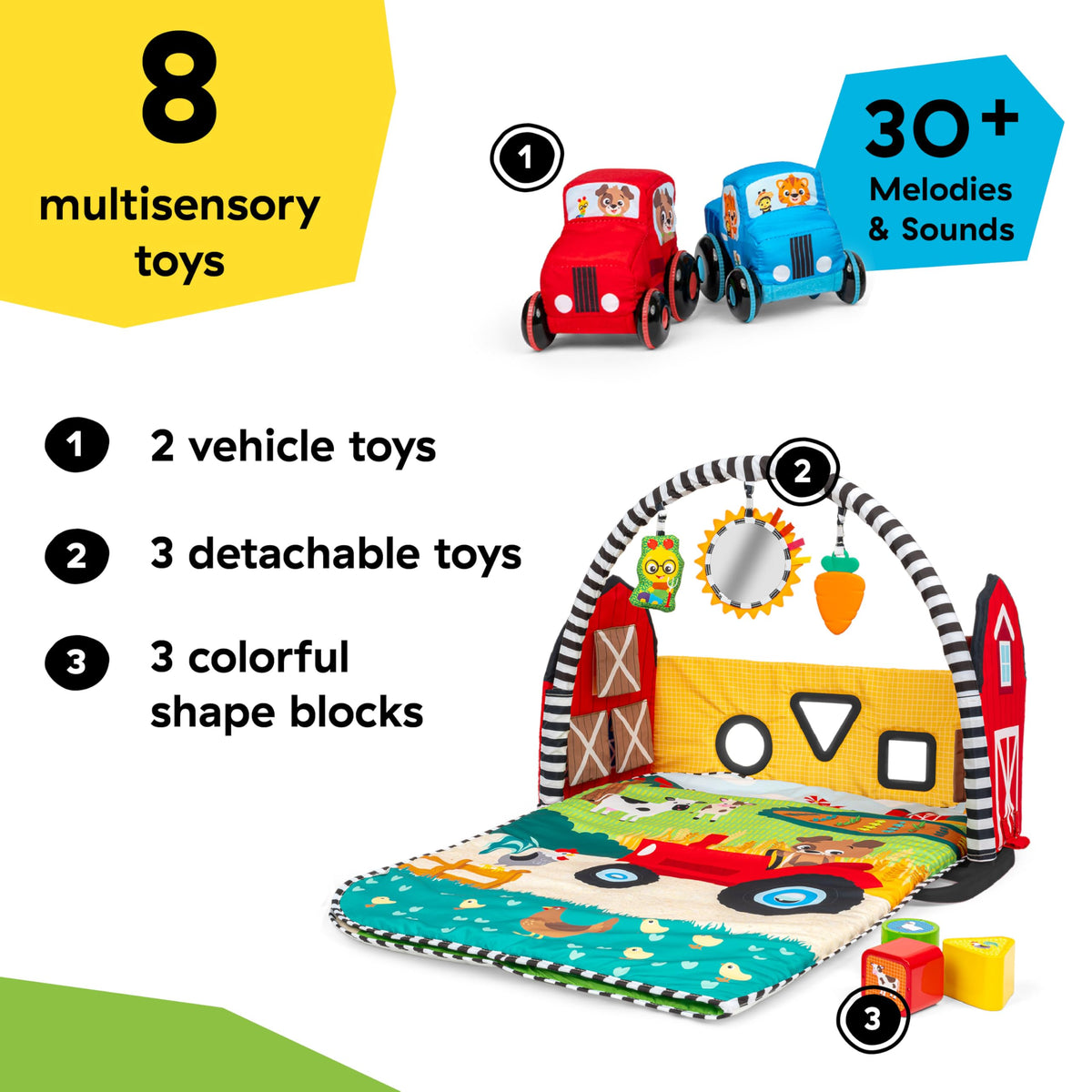 Baby Einstein Busy Barnyard Grow with Me Baby Play Gym - Extra Large Soft Play Mat with 8 Removable Toys Including 30+ Songs & Sounds to Support Motor Skills, Ages 0+ Months