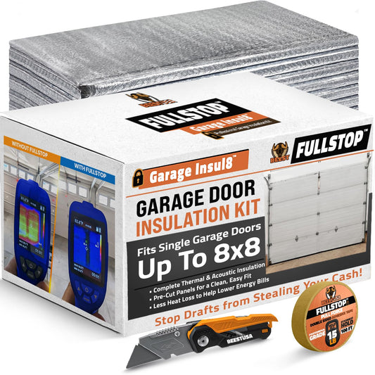 BEEST FULLSTOP Garage Door Insulation Kit - 8x8 & 8x7 ft Single Garage Door Insulation Panels - 8 Pre-Cut 24x48 Foam-Core Panels w/ Tape, Cutter & Squeegee - Easy DIY for Instant Temperature Control