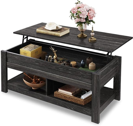 WLIVE Coffee Table, 47" Lift Top Coffee Table with Hidden Compartment and 2 Storage Shelves for Living Room, Black Oak