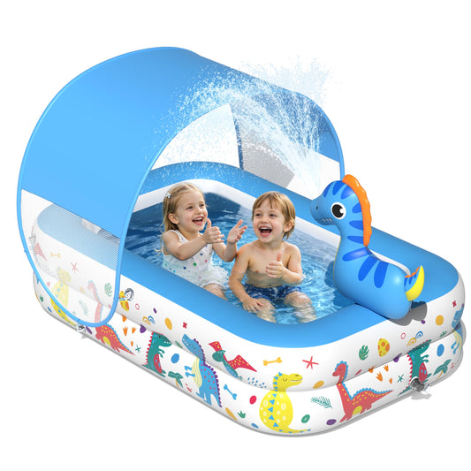 JOSEN Dinosaur Kiddie Pool with Canopy and Sprinkler, Inflatable Baby Pool with Soft Cushioned Floor, Portable Toddler Blow Up Pool Ball Pit for Backyard, Outdoor/Indoor Play Toys