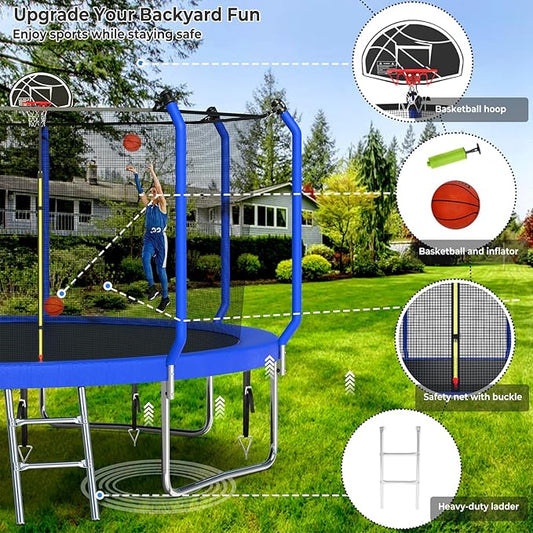 Upgraded Trampoline 8FT/10FT/12FT/14FT With Basketball Hoop, Light, Sprinkler, Stakes - Outdoor Backyard for 4-6 Kids and Adults