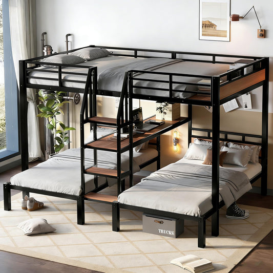 Bellemave Queen Over Twin Over Twin Bunk Beds for 3 Kids,Metal Heavy Duty Triple Bunk Bed Frame with Stairs and Storage Shelf,3 Bed Bunk Beds,Twin Size Triple Bed,Black