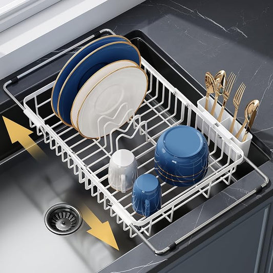 JASIWAY White Expandable Stainless Steel Dish Drying Rack Over The Sink for Small Kitchen, Counter Space Saving Compact Plate Drainer Strainer, Adjustable Hanging Metal Dish Dryer with Utensil Holder