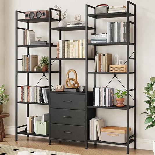 AFLUI Triple Bookshelf with 3 Fabric Drawers, 5-Tier Book Shelf and 10 Display Shelves, Industrial Large Bookcase for Home & Office, Black, 47'' Wide