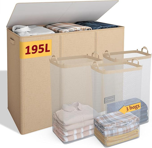 195L Laundry Hamper 3 Section,Large Laundry Hamper with Lid,Dirty Clothes Hamper with 3 Inner Bags,Collapsible Laundry Basket Organizer for Laundry Room,Bedroom,Laundry Sorter Hamper 3 Compartment