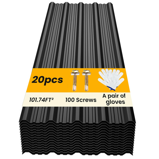 BOBIBAN 20 pcs Metal Roofing Panels - Corrugated Galvanized Roof Panels L41.34x W17.72 Inch, Waterproof Tin Roof Sheets for Garages,Sheds, Stables and Mobile Homes, Includes Screws(Black,L41.34''-20)
