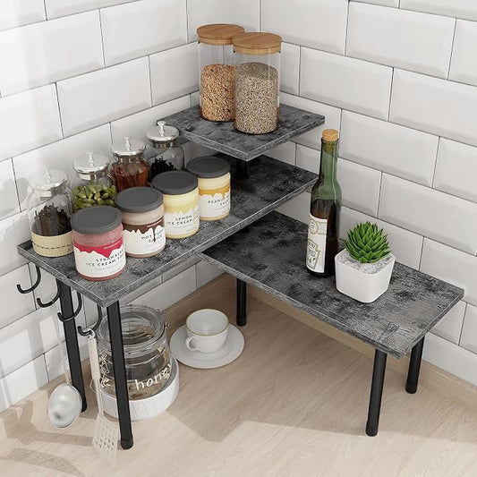 Homode Kitchen Countertop Organizer, 3 Tier Corner Shelf Bathroom Counter Organizer, Wooden Counter Shelf Stand Space Saver, Easy Assembly, Rustic Grey