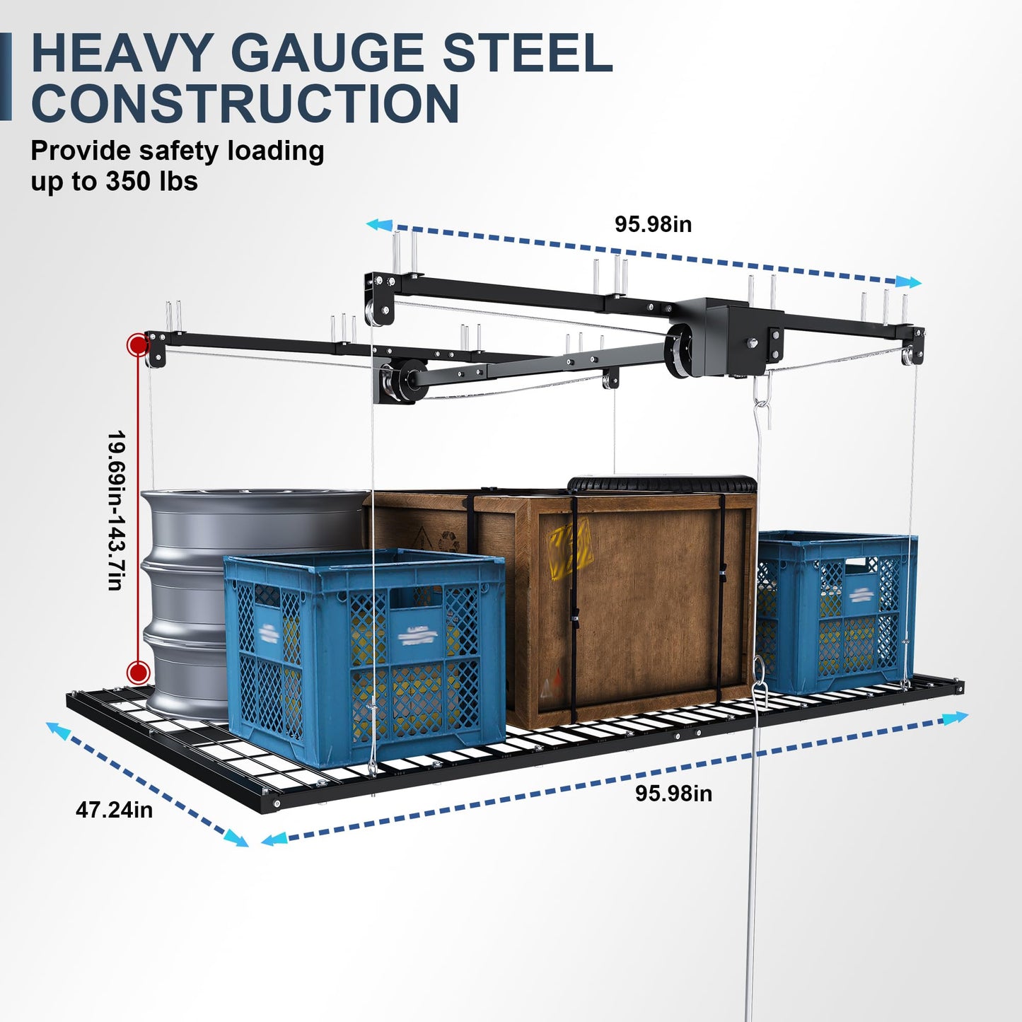 Leavader Manual Garage Storage Lift 4x8 FT for 10-12 ft Ceilings, Crank Down Overhead Storage Rack with Safety Lock, Heavy Duty Steel Garage Ceiling Storage System, 325LBS Capacity