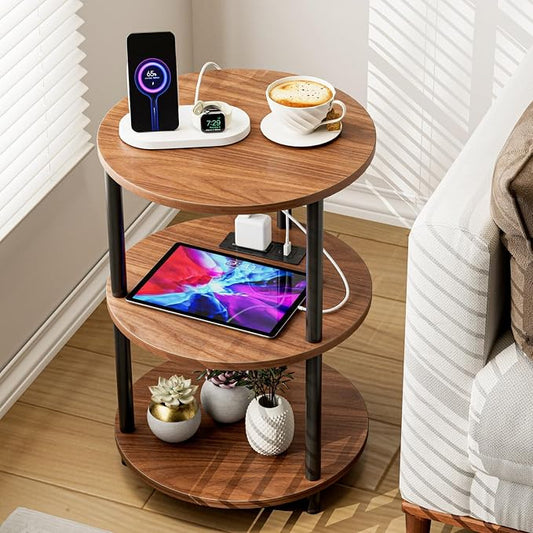 XBurmo Small Round End Table - 3 Tier Design Accent Table, Narrow Side or Bedside Stand, Industrial Vintage Table for Small Spaces, Built-in USB Ports and Power Outlet, Rustic Walnut