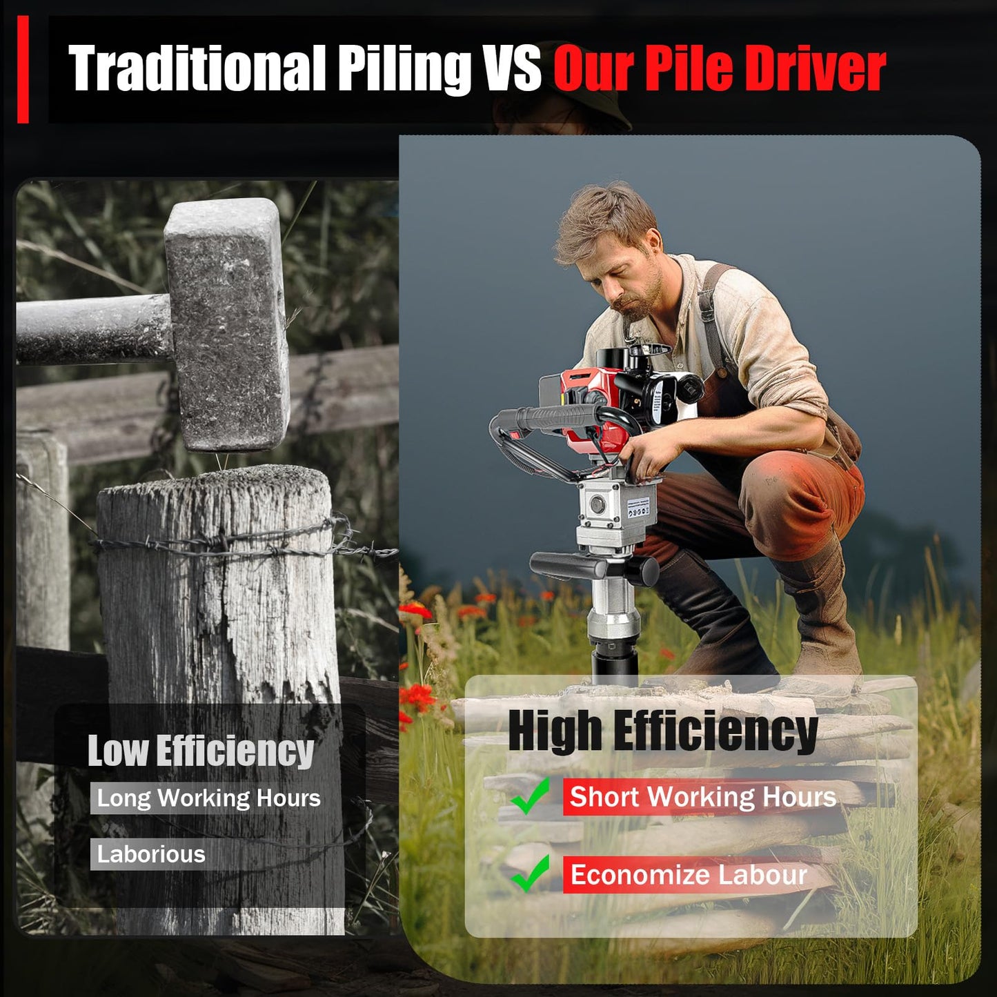 32.7CC 2 Stroke Gas Powered T-Post Driver - 900W 8500RPM Pile Driver Hammer, Air Cooling Petrol Fence Post Driver with Hand Pull Start for Garden, Farm & Guardrail Installation