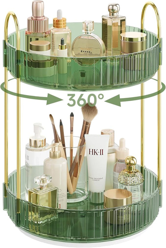 Rotating Makeup Organizer Countertop,Skincare Organizers,Spinning Perfume Tray Stand,Makeup Storage Organizer for Vanity,Bathroom Organizer and Storage,Lazy Susan,2 Tier,Green