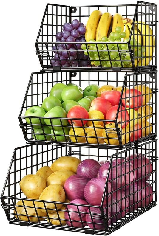 3-Tier Stackable Wire Baskets for Counter, Fruit and Vegetable Storage, Potato and Onion Storage Bin，Kitchen Pantry Organizer - Wall Basket for Produce/Snack/Can, Black