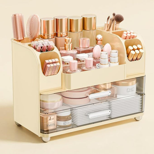 Makeup Organizer for Vanity with Brush Holder, Large Bathroom Countertop Organizer & Skincare Storage | Perfume, Cosmetics Display Case with Drawers (Cream White)
