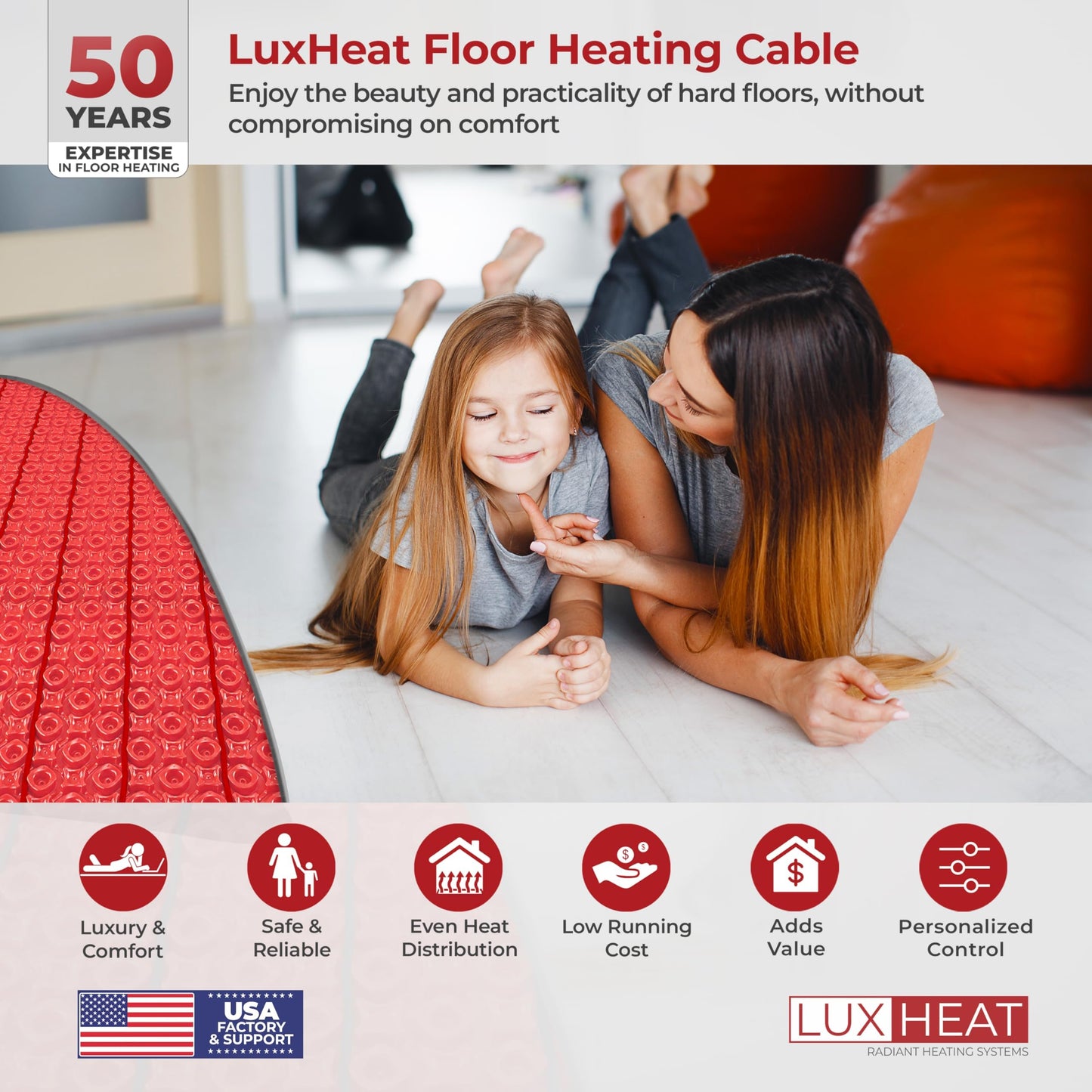 LuxHeat 40sqft Electric Radiant Floor Heating System - 120v Floor Heating System Under Tile Includes UWG4 WiFi Programmable Thermostat w/GFCI, Uncoupling Membrane, Cable, Monitor & Sensor