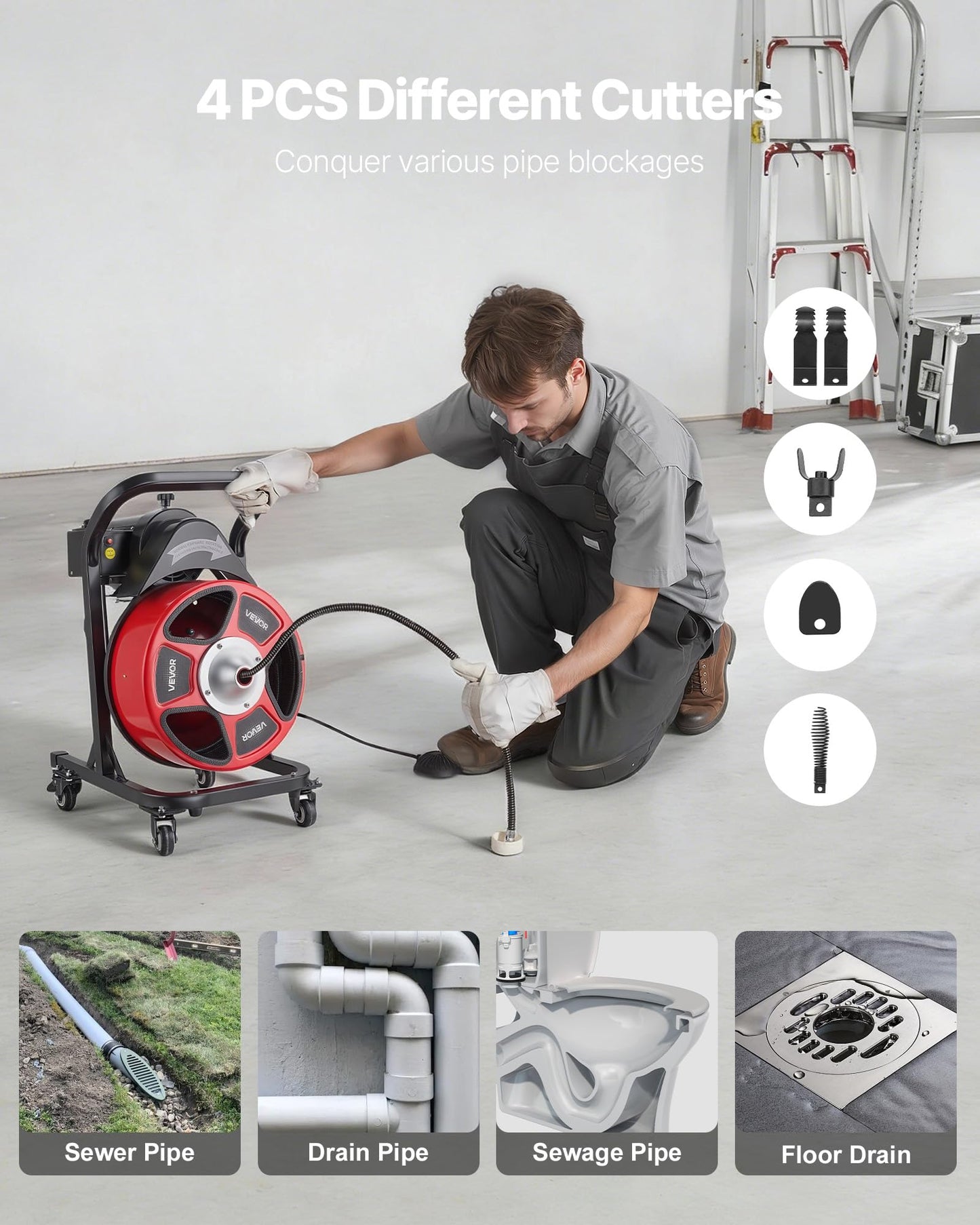 VEVOR Drain Cleaner Machine 50 FT x 1/2 Inch, Manual Feed Sewer Snake Auger on Wheels - with 4 Cutters & Air-activated Foot Switch for 2" to 6" Pipes
