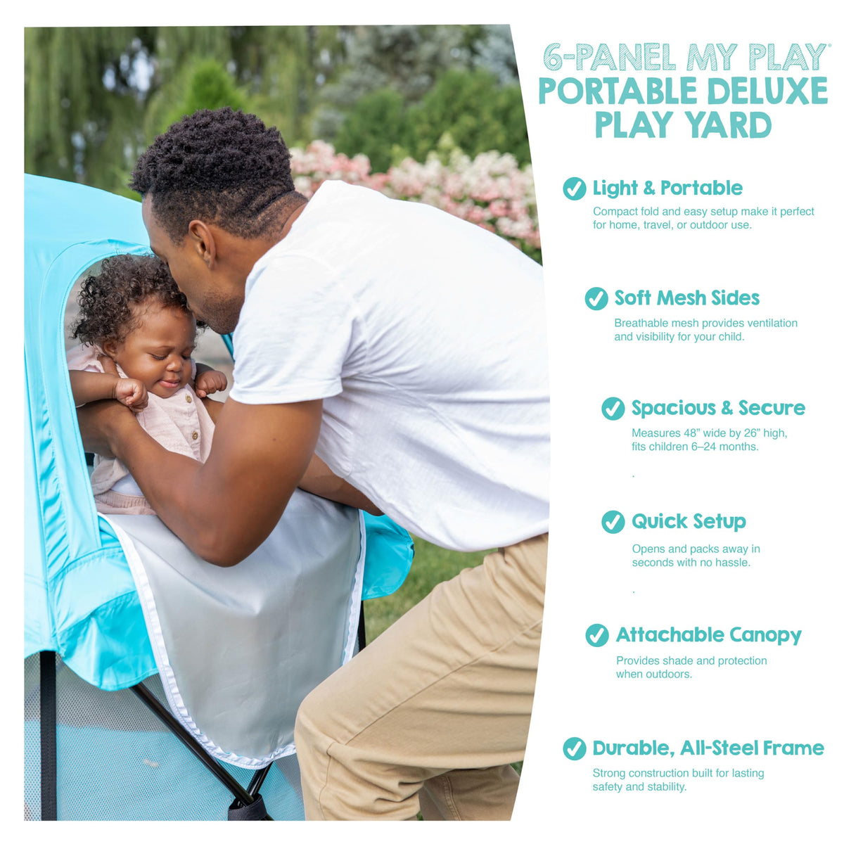 Regalo Safety My Play Deluxe Baby Playpen & Portable Play Yard with Canopy, Foldable 6-Panel Indoor Outdoor Playpen for Babies & Toddlers, Mesh Sides, Washable Nylon Bottom, 48", Aqua/Black