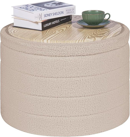 PINPLUS Round Ottoman with Stroage, Boucle Storage, Foot Stool Foldable Coffee Table Ottoman for Living Room, Bedroom, Dorm (Beige)