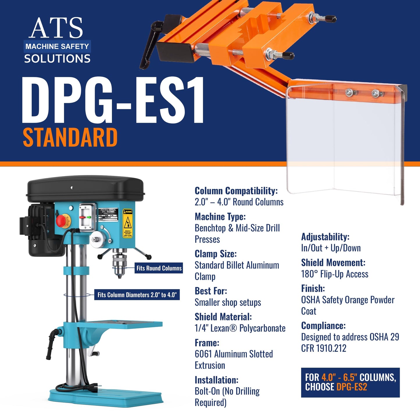 ATS Drill Press Guard | OSHA Compliant Safety Shield for 2.0" to 4.0" Round Columns | Billet Aluminum Clamp, Aluminum Extrusion Frame & Lexan | Made in USA | DPG-ES1