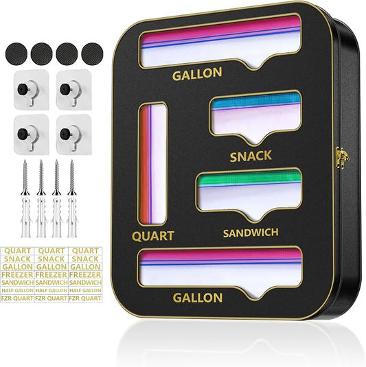 Metal Bag Storage Organizer Kitchen Drawer, Non-Marking Installation of Sandwich Bag Organizer, 5 in 1 Baggie Organizer for Drawer for Gallon, Quart, Snack(Black)