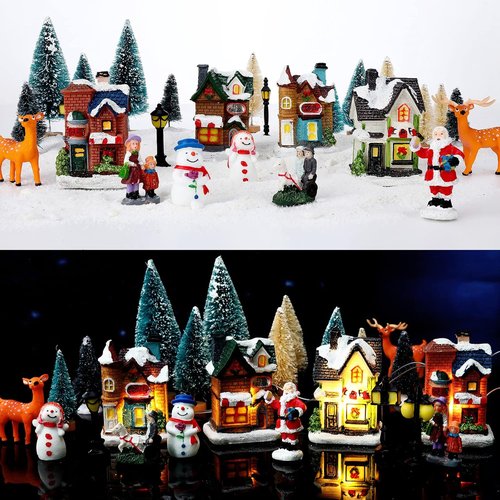Gerrii Christmas Village Figurines Set - 31 Pcs Lighted LED Houses & Snow Blanket for Festive Decor