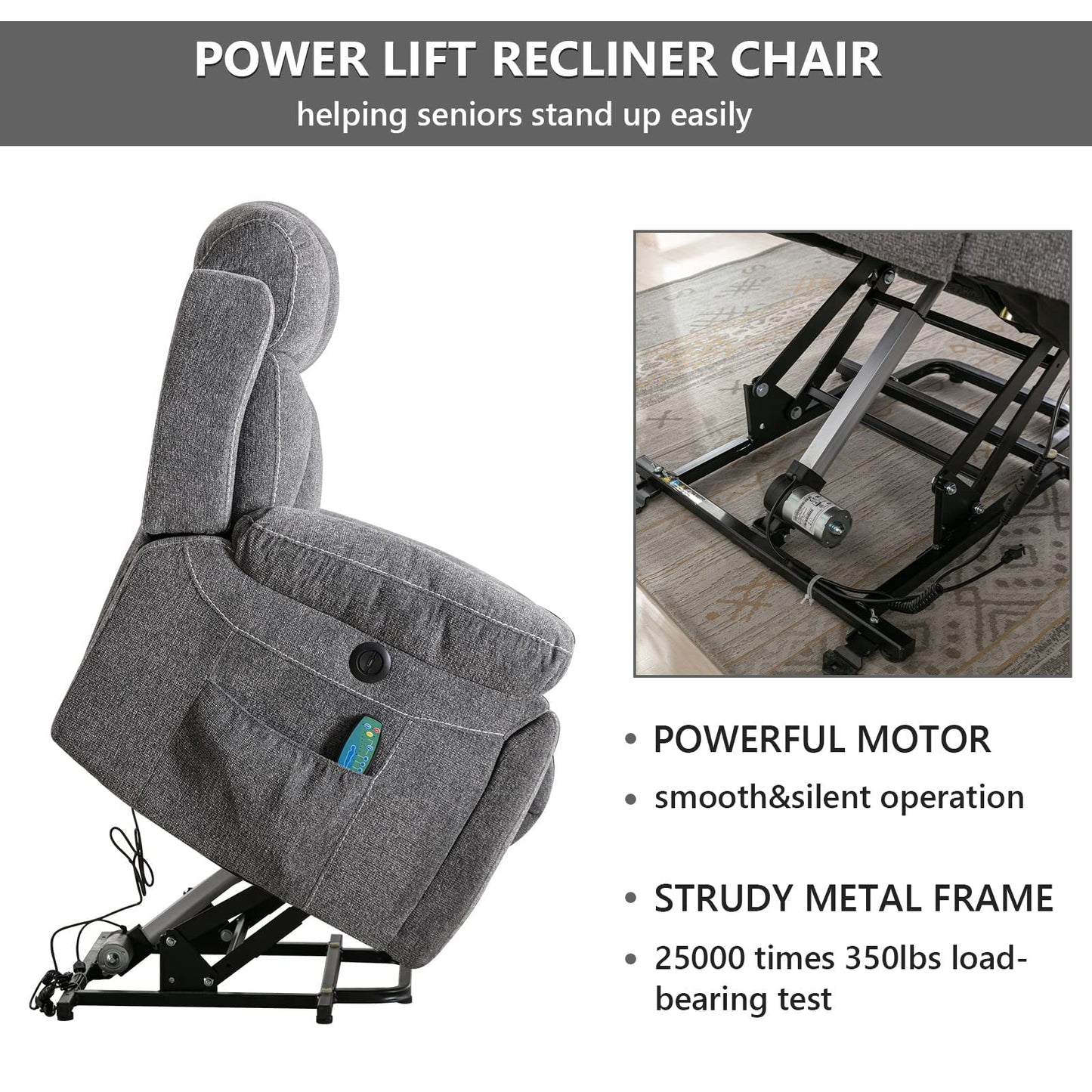 CANMOV Large Power Lift Recliner Chairs with Massage and Heat for Elderly Big People, Heavy Duty Motion Reclining Mechanism-Anti Skid Fabric Recliner Chair with 2 Concealed Cup Holders,Dark Gray