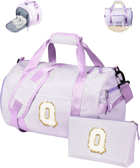 Dorm Room Essentials for Girls, Girl Gym Bag, Kids Initial Overnight Duffel Bags with Shoe Compartment, Personalized Dance Bag with Makeup Pouch, Trendy Stuff for Preteen (Letter Q)