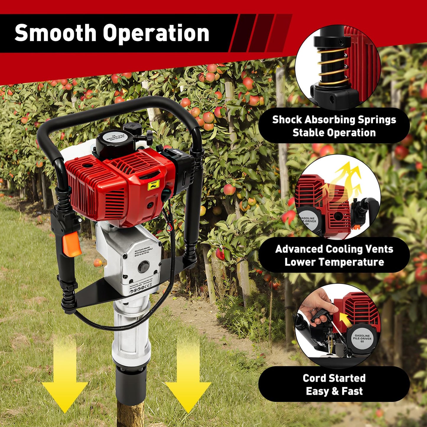 awolsrgiop 52CC 2 Stroke 2.3HP Gas Powered T-Post Driver, Fence Farm Push Pile Gasoline Engine kit, 1900W Garden Fencing Tool Farm Piling Driver with 2 Post Driving Head Ergonomic Design