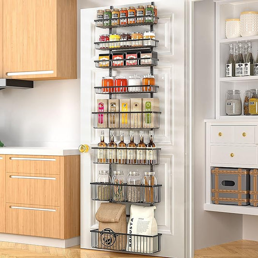 Moforoco Over The Door Pantry Organizer, Pantry Door Organizer Shelves, Kitchen Organizers and Storage, Hanging Basket Wall Spice Rack Seasoning Shelves, Laundry Room Bathroom accessories（Black