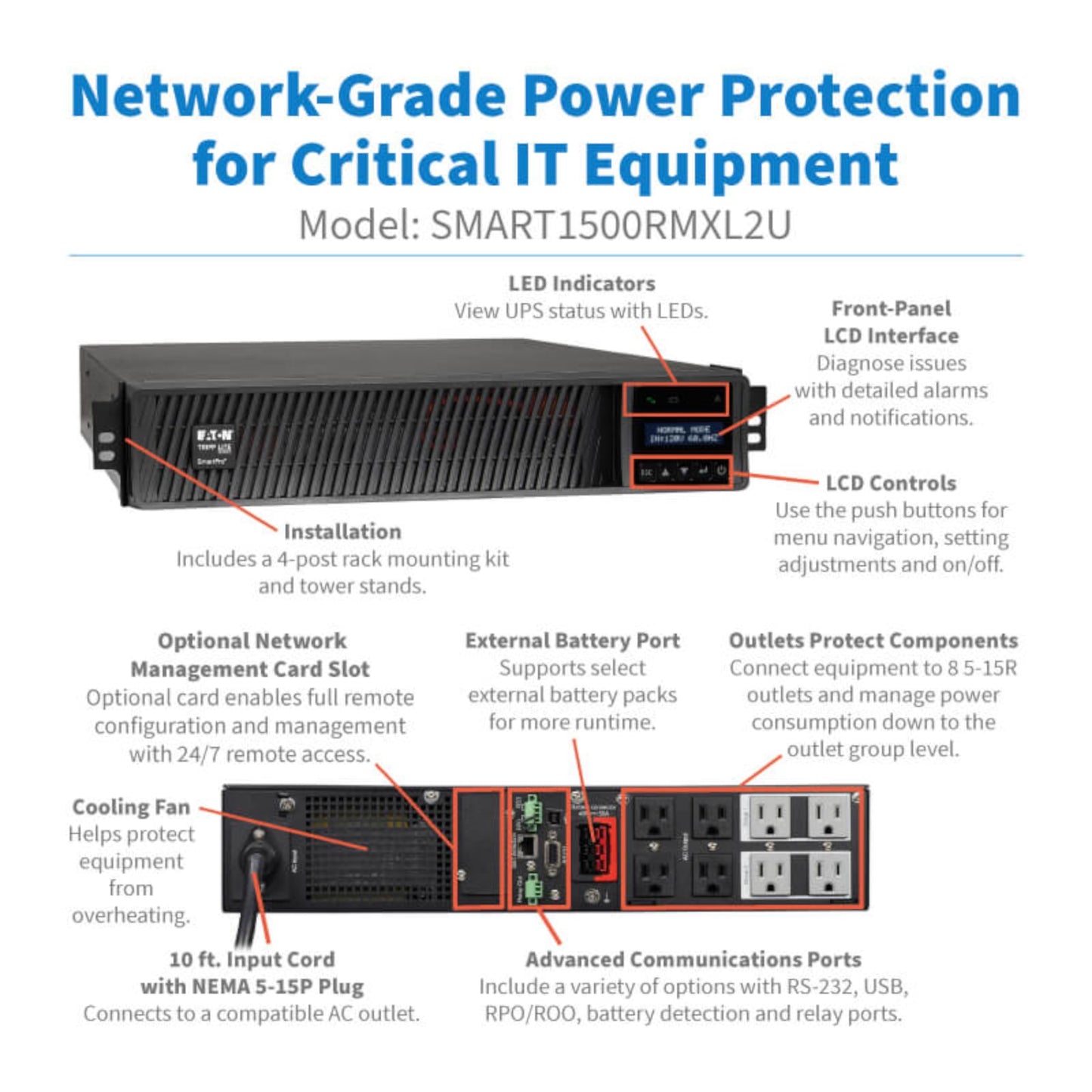Eaton Tripp Lite Series SMART1500RMXL2U 1500VA Rack Mount UPS Battery Backup, Pure Sine Wave, 1440W, Extended Run & Network Card Option, 8 Outlets, 120V, AVR, Uninterruptible Power Supply