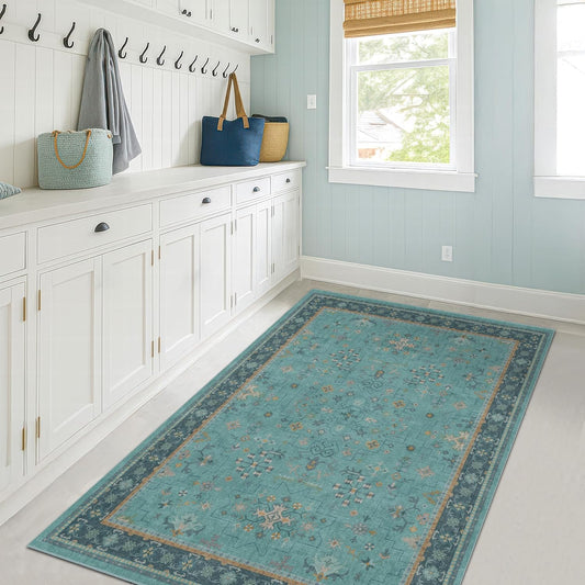 Skiennix Teal Area Rug - Washable Non-Skid Design for Entryway, Kitchen, Bathroom | Boho Geometric Style